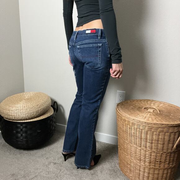 y2k vintage tommy jeans blue low rise bootcut patchwork printed aop jeans - Picture 6 of 9